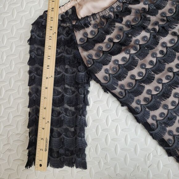 Trina Turk Mini Dress Size 2 Black Fringed Embroidered Lace Off Shoulder - Picture 8 of 11